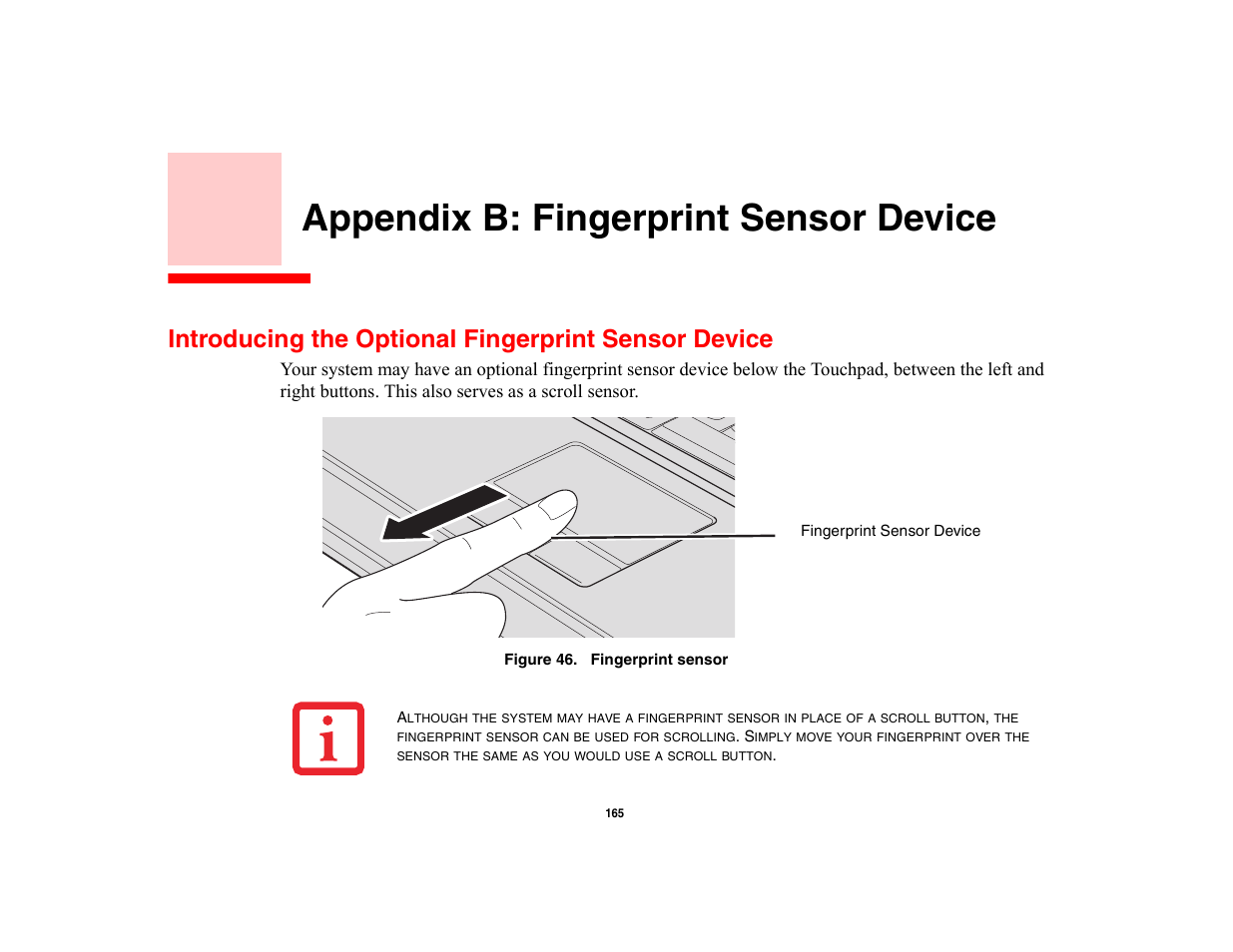 Appendix b: fingerprint sensor device, Introducing the optional fingerprint sensor device | Fujitsu Siemens Computers LifeBook A6210 User Manual | Page 164 / 184