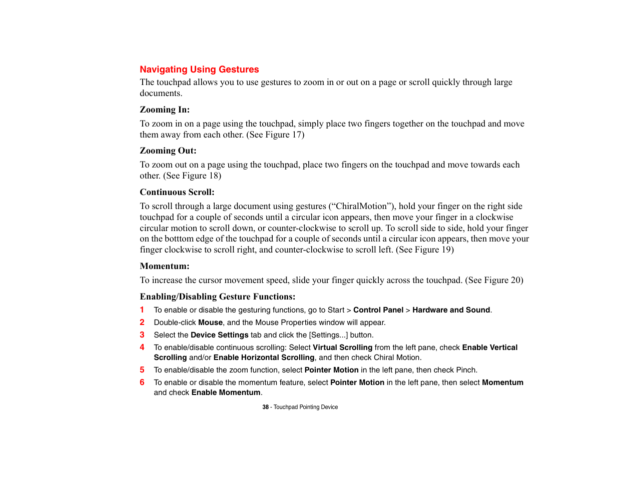 Navigating using gestures | Fujitsu Siemens Computers LifeBook A6210 User Manual | Page 38 / 184