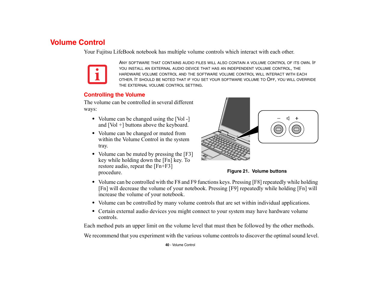 Volume control, Controlling the volume | Fujitsu Siemens Computers LifeBook A6210 User Manual | Page 40 / 184