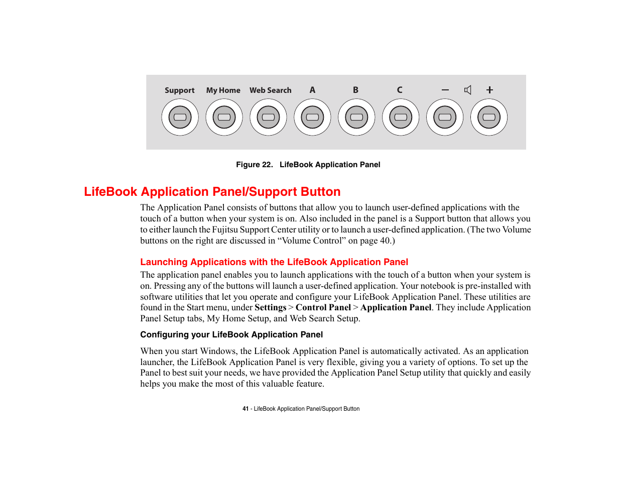 Lifebook application panel/support button | Fujitsu Siemens Computers LifeBook A6210 User Manual | Page 41 / 184