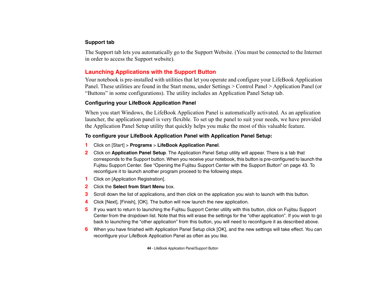 Launching applications with the support button | Fujitsu Siemens Computers LifeBook A6210 User Manual | Page 44 / 184