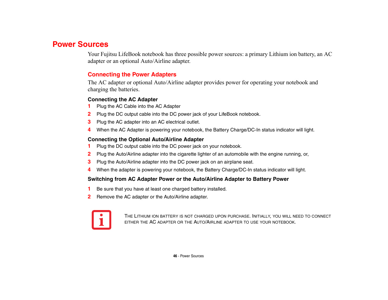 Power sources, Connecting the power adapters | Fujitsu Siemens Computers LifeBook A6210 User Manual | Page 46 / 184