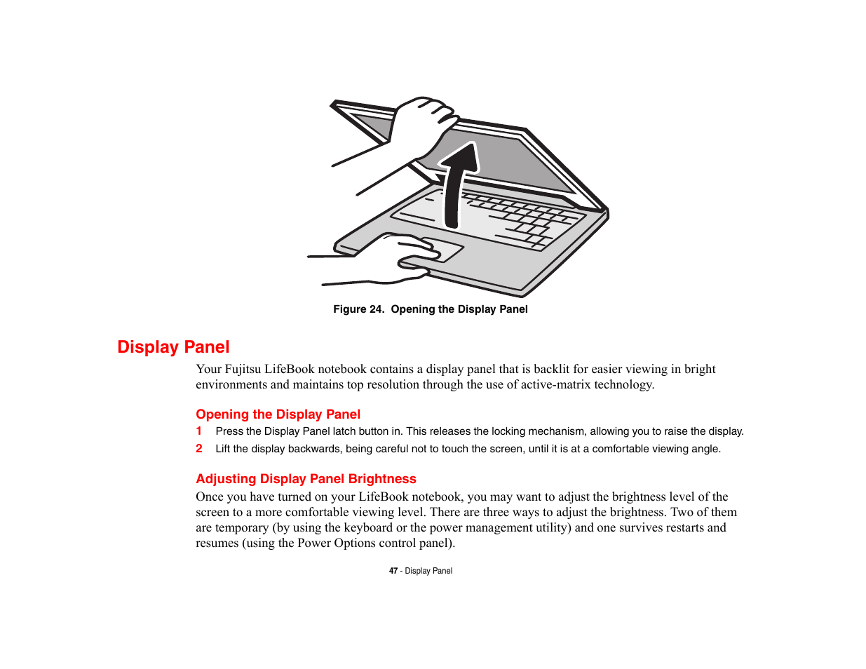 Display panel, Opening the display panel, Adjusting display panel brightness | Fujitsu Siemens Computers LifeBook A6210 User Manual | Page 47 / 184