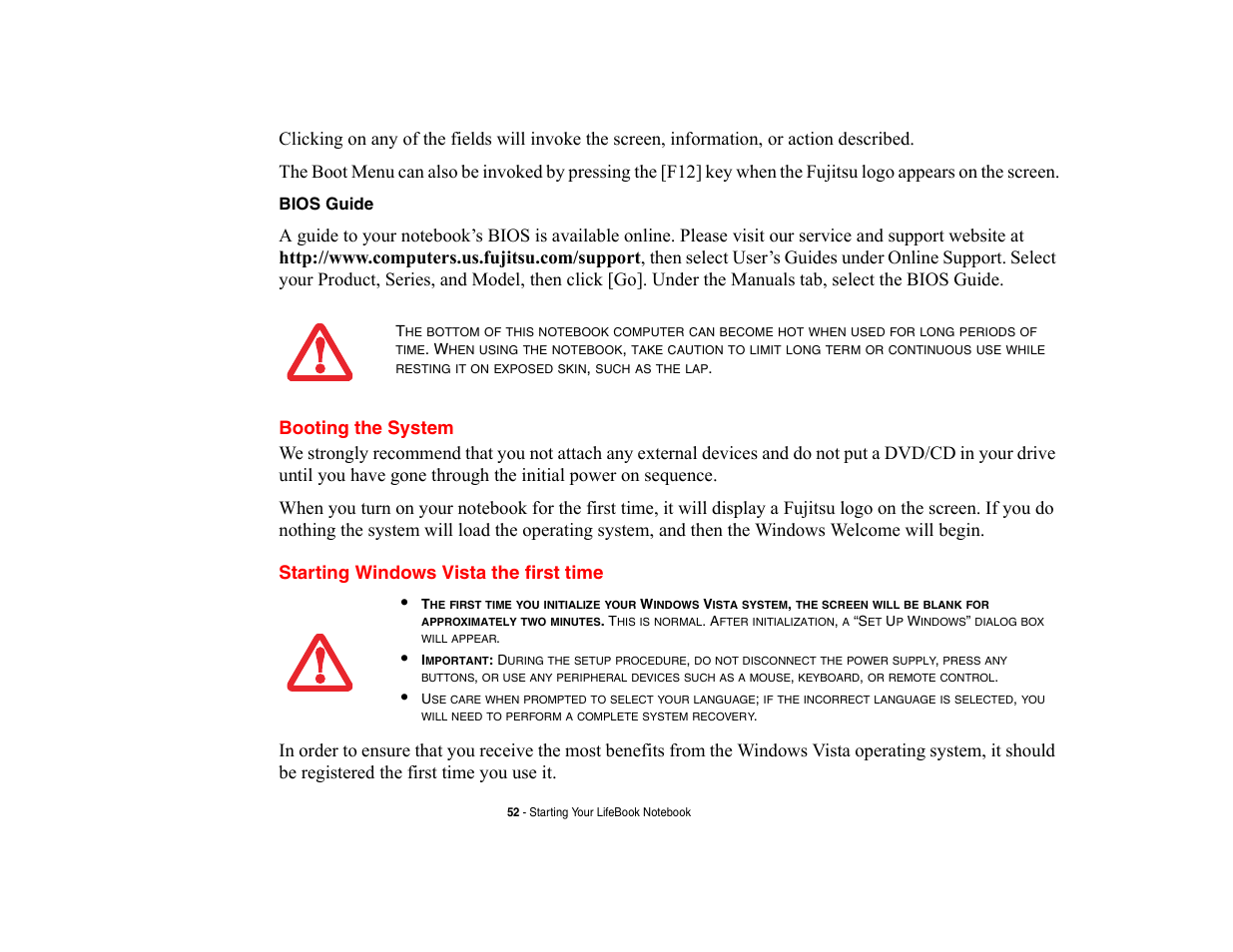 Booting the system, Starting windows vista the first time | Fujitsu Siemens Computers LifeBook A6210 User Manual | Page 52 / 184