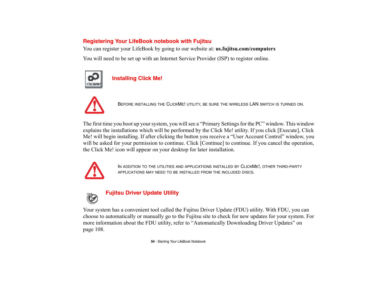 Registering your lifebook notebook with fujitsu, Installing click me, Fujitsu driver update utility | Fujitsu Siemens Computers LifeBook A6210 User Manual | Page 54 / 184