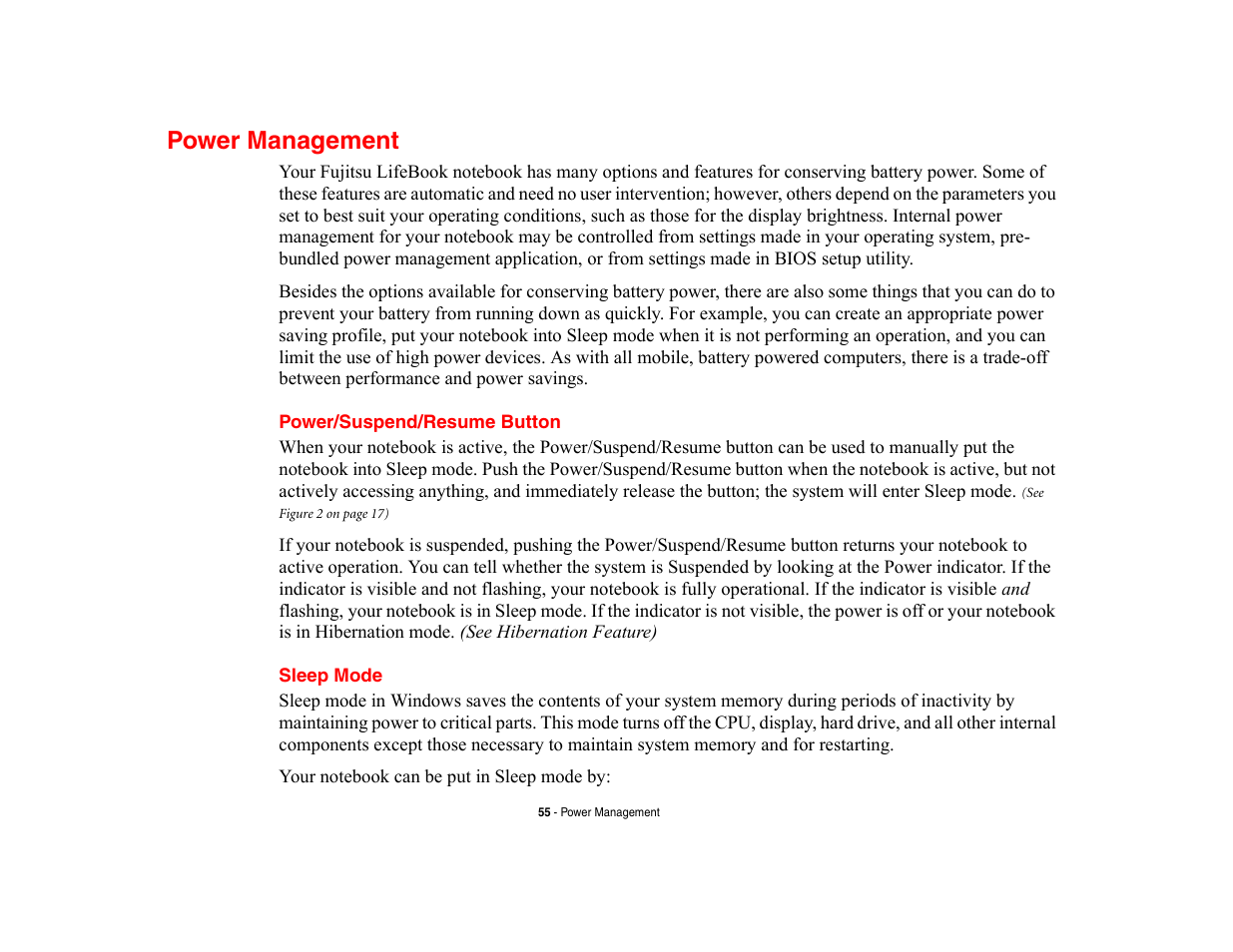 Power management, Power/suspend/resume button, Sleep mode | Power/suspend/resume button sleep mode | Fujitsu Siemens Computers LifeBook A6210 User Manual | Page 55 / 184