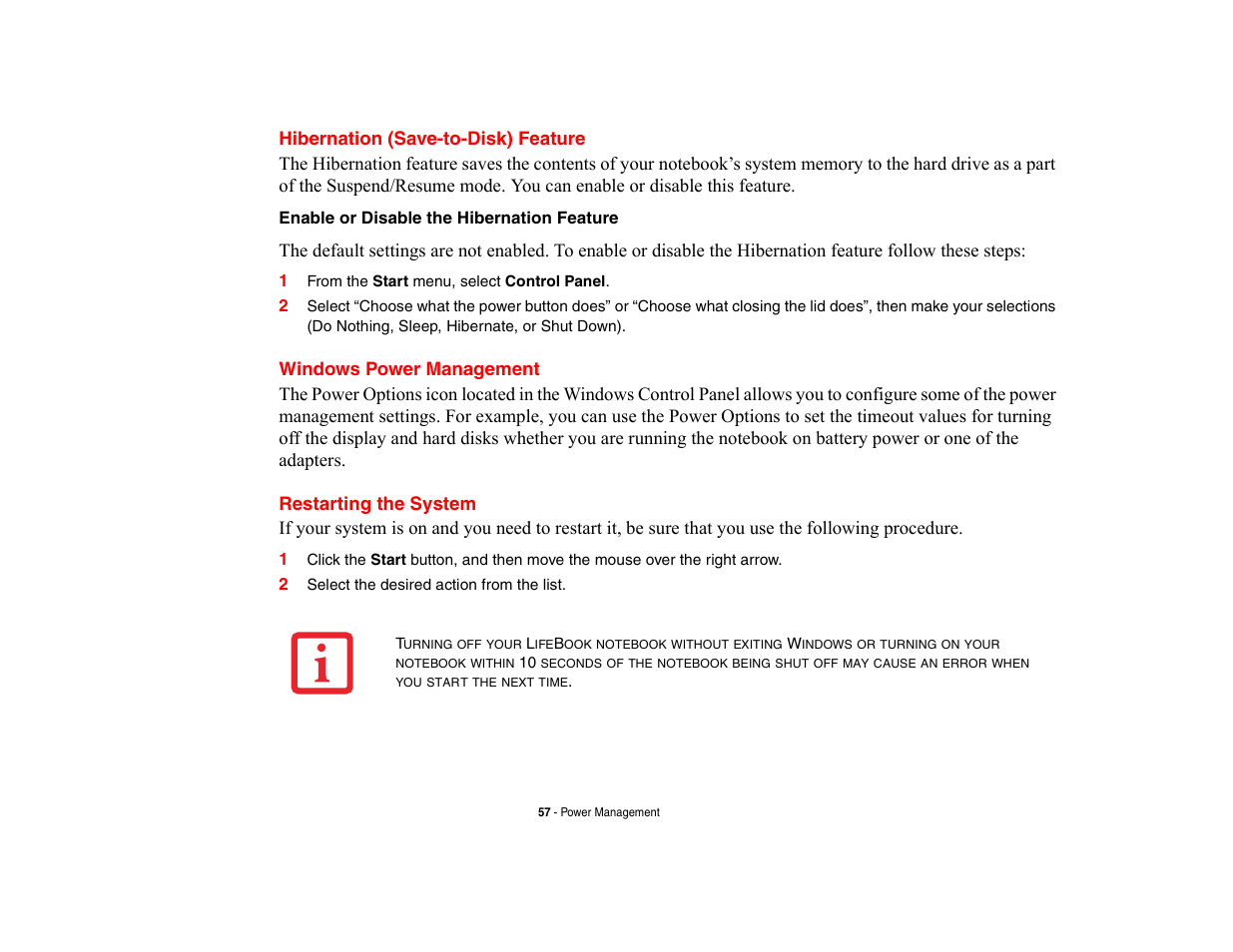 Hibernation (save-to-disk) feature, Windows power management, Restarting the system | Fujitsu Siemens Computers LifeBook A6210 User Manual | Page 57 / 184