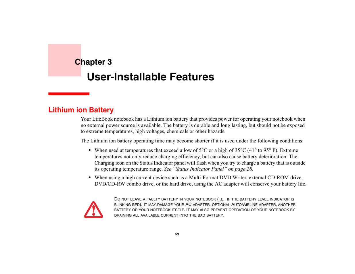 User-installable features, Lithium ion battery, Chapter 3 | Fujitsu Siemens Computers LifeBook A6210 User Manual | Page 59 / 184