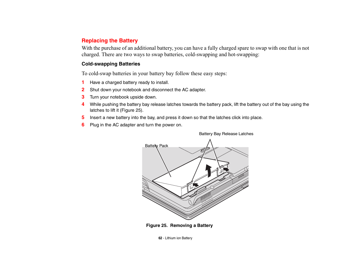 Replacing the battery | Fujitsu Siemens Computers LifeBook A6210 User Manual | Page 62 / 184