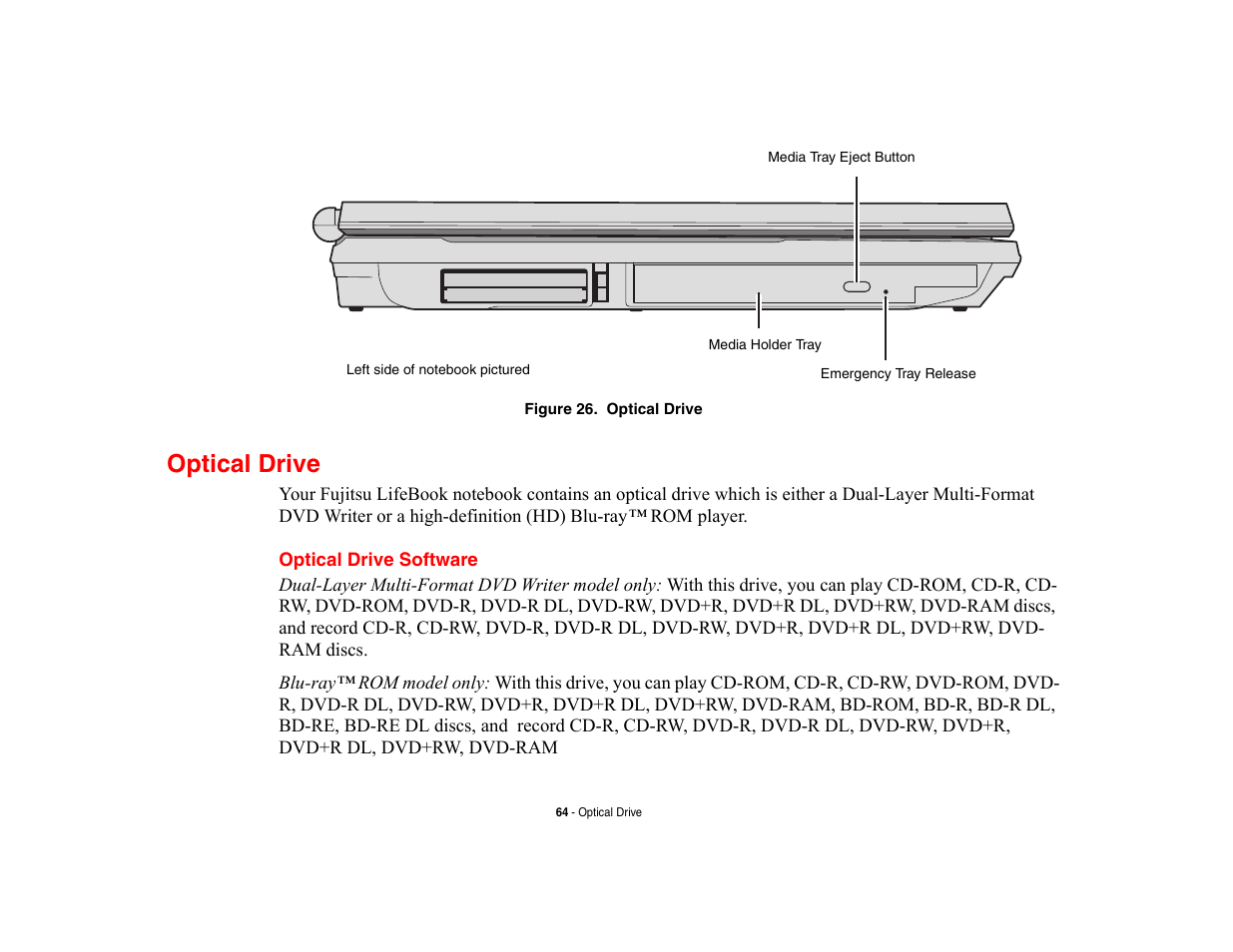 Optical drive, Optical drive software | Fujitsu Siemens Computers LifeBook A6210 User Manual | Page 64 / 184