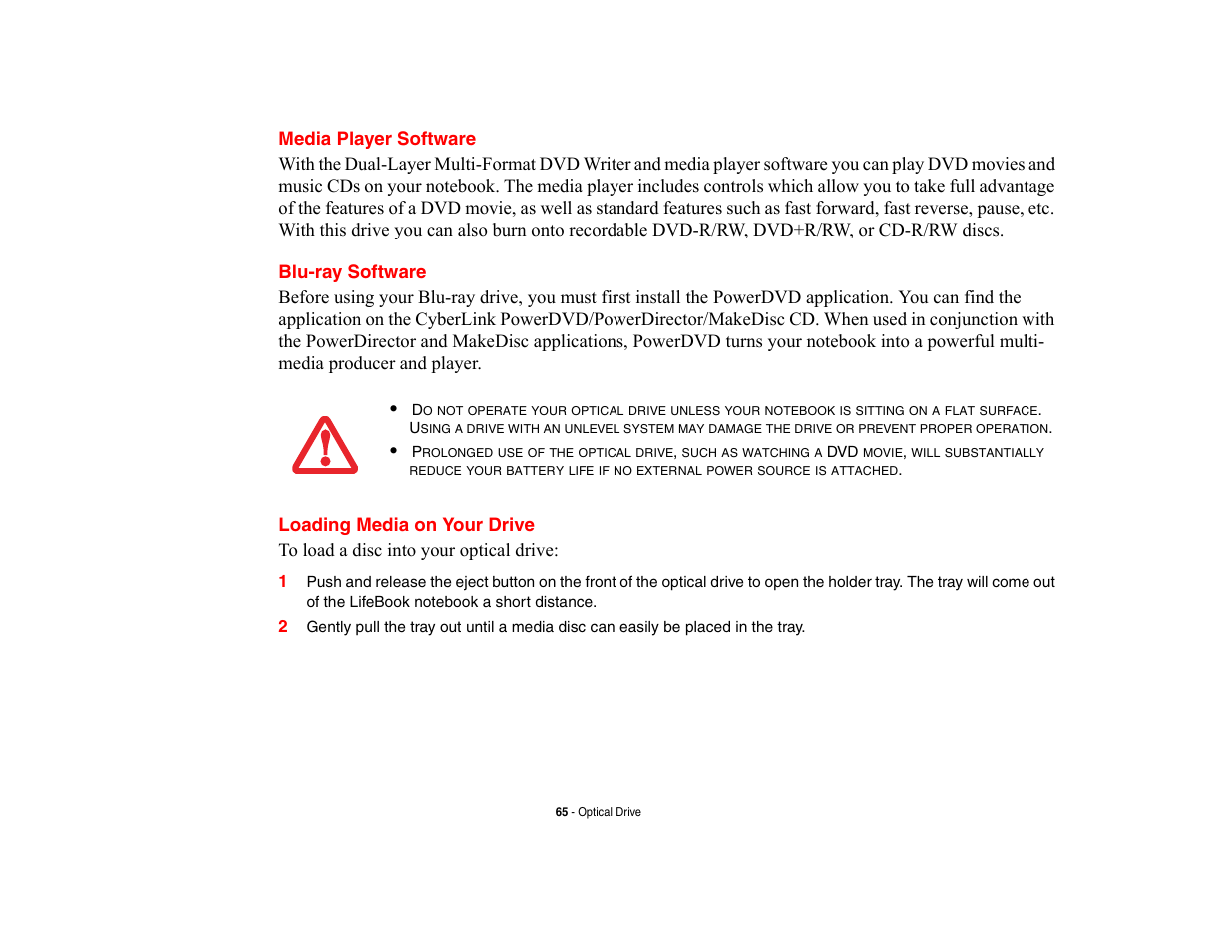 Media player software, Blu-ray software, Loading media on your drive | Fujitsu Siemens Computers LifeBook A6210 User Manual | Page 65 / 184