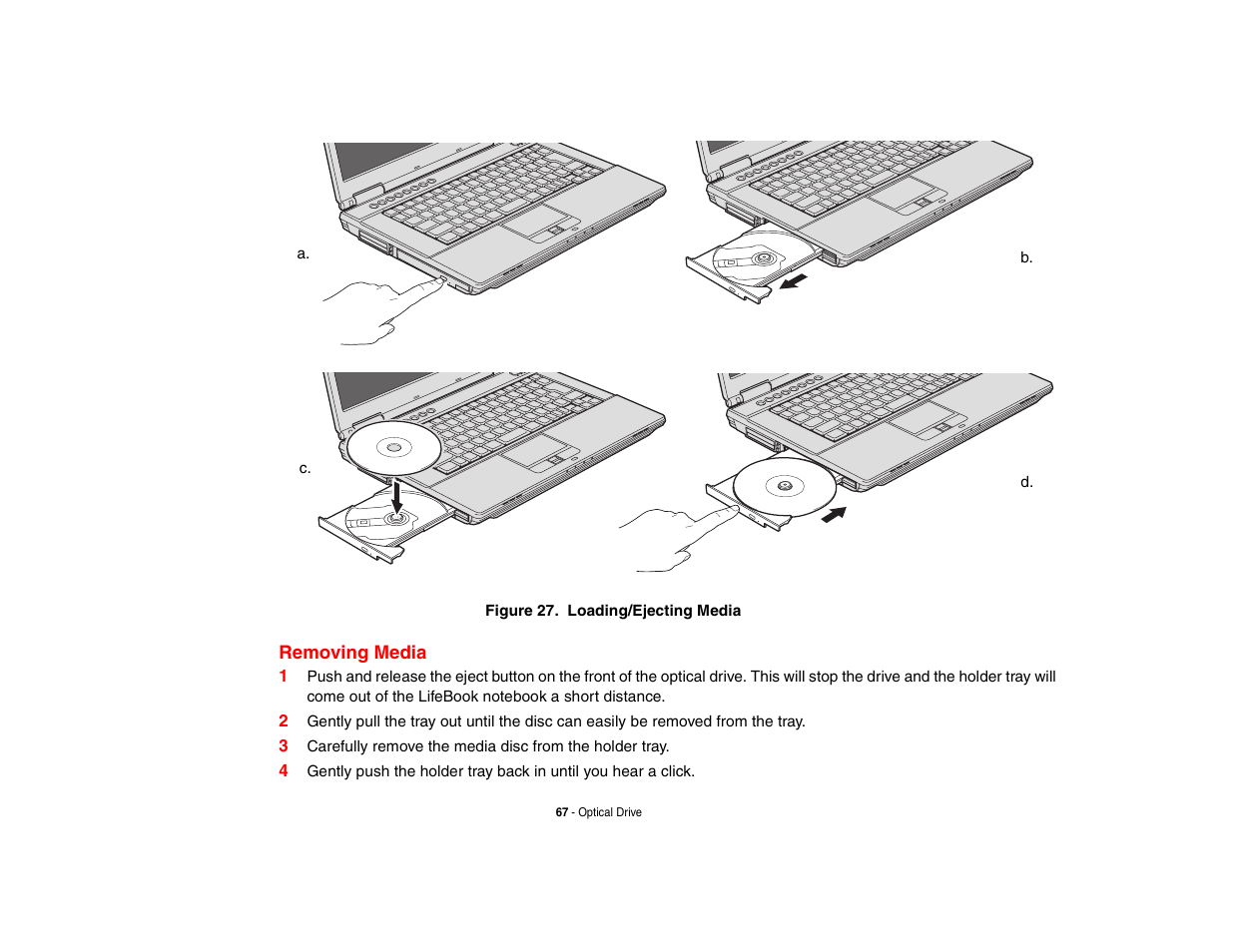 Removing media | Fujitsu Siemens Computers LifeBook A6210 User Manual | Page 67 / 184