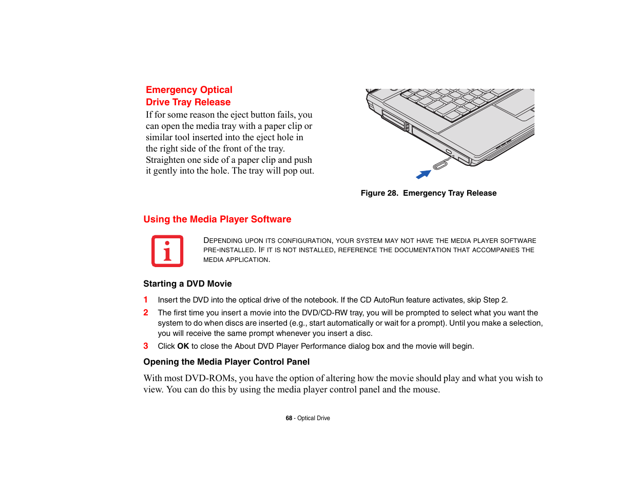 Emergency optical drive tray release, Using the media player software, Emergency optical | Drive tray release using the media player software | Fujitsu Siemens Computers LifeBook A6210 User Manual | Page 68 / 184