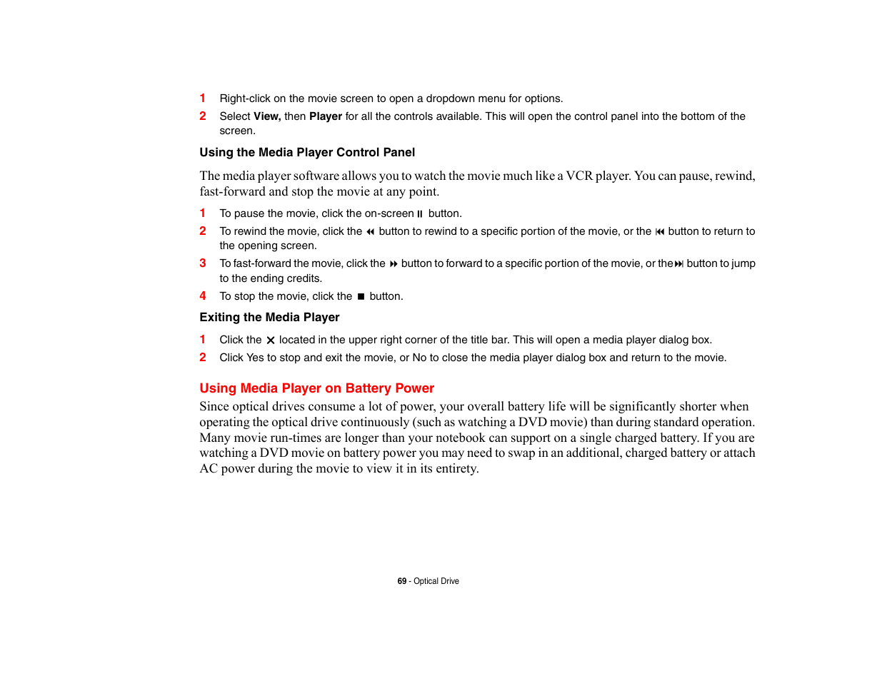 Using media player on battery power | Fujitsu Siemens Computers LifeBook A6210 User Manual | Page 69 / 184