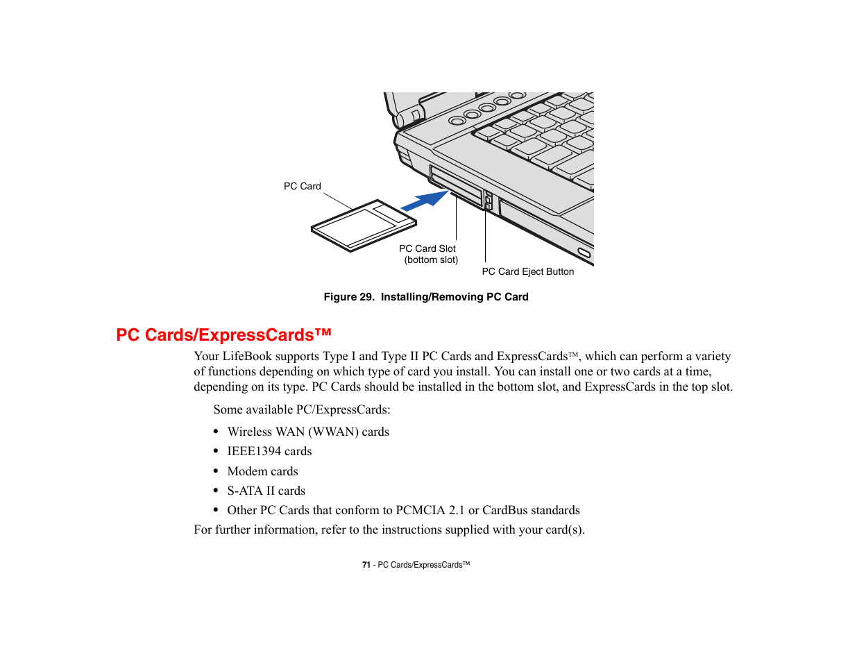 Pc cards/expresscards | Fujitsu Siemens Computers LifeBook A6210 User Manual | Page 71 / 184