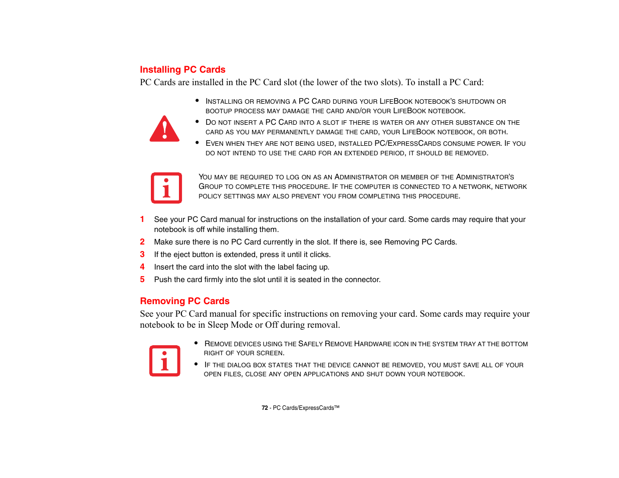 Installing pc cards, Removing pc cards, Installing/removing pc cards | Fujitsu Siemens Computers LifeBook A6210 User Manual | Page 72 / 184