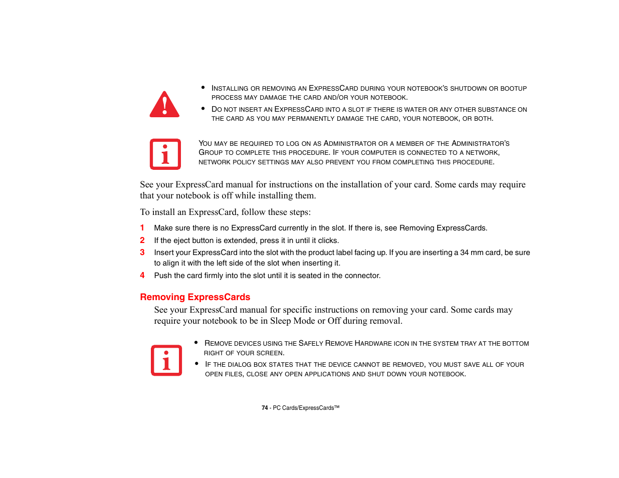 Removing expresscards | Fujitsu Siemens Computers LifeBook A6210 User Manual | Page 74 / 184