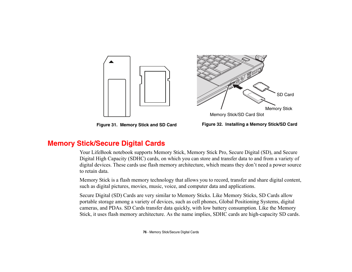 Memory stick/secure digital cards | Fujitsu Siemens Computers LifeBook A6210 User Manual | Page 76 / 184