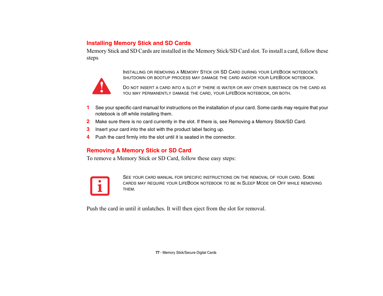 Installing memory stick and sd cards, Removing a memory stick or sd card | Fujitsu Siemens Computers LifeBook A6210 User Manual | Page 77 / 184