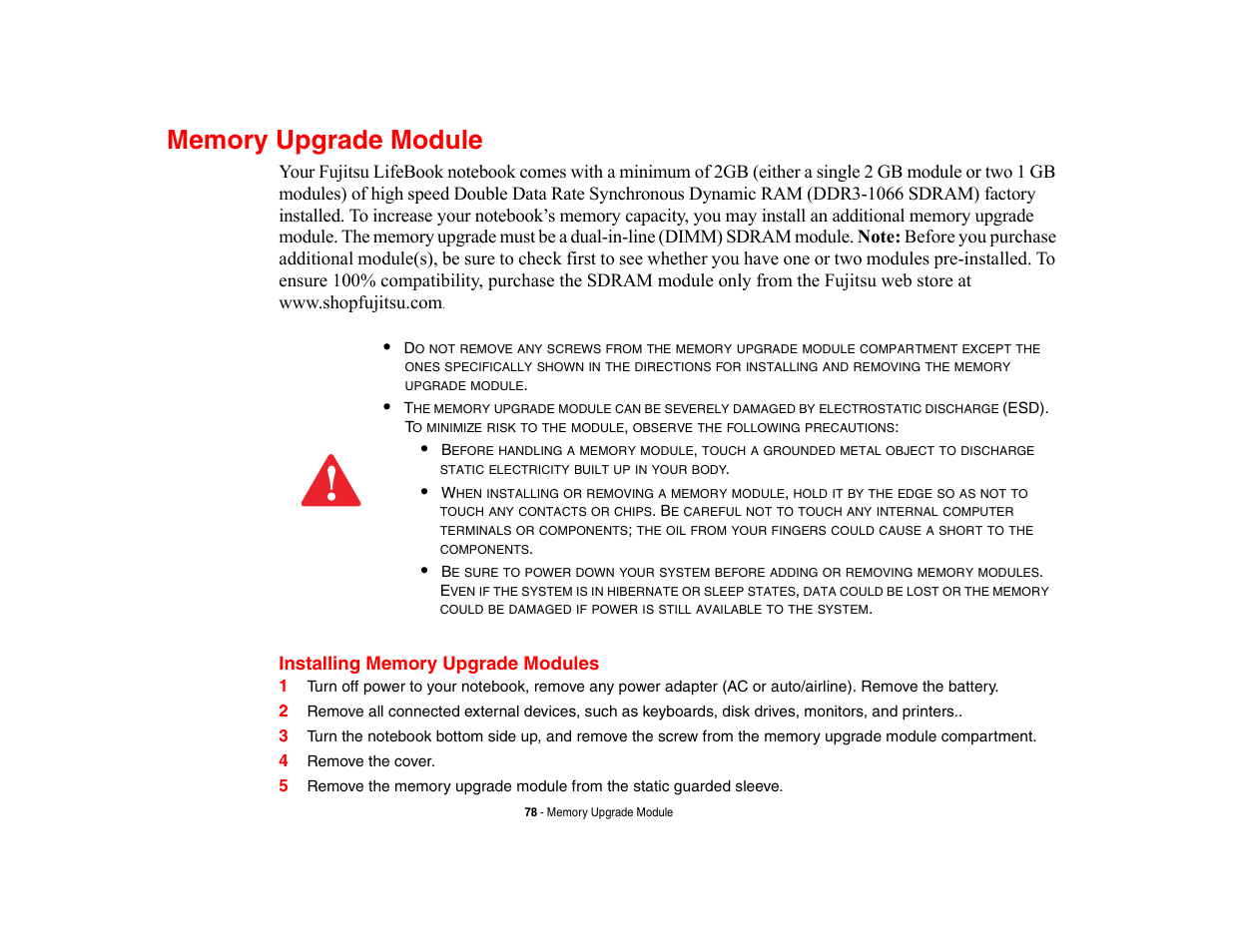 Memory upgrade module, Installing memory upgrade modules | Fujitsu Siemens Computers LifeBook A6210 User Manual | Page 78 / 184