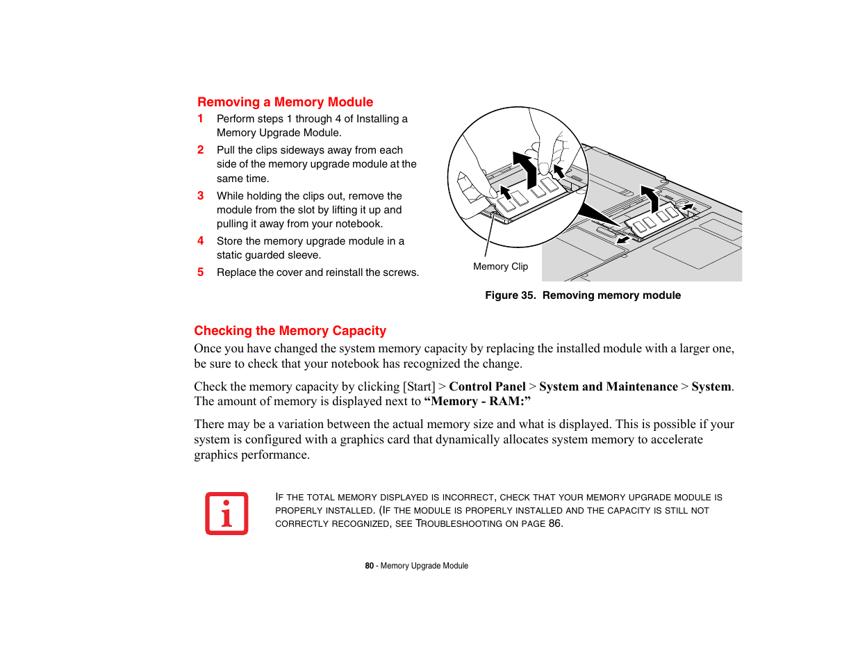 Removing a memory module, Checking the memory capacity | Fujitsu Siemens Computers LifeBook A6210 User Manual | Page 80 / 184