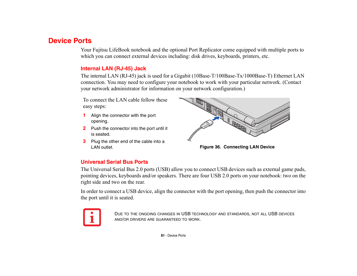 Device ports, Internal lan (rj-45) jack, Universal serial bus ports | Fujitsu Siemens Computers LifeBook A6210 User Manual | Page 81 / 184