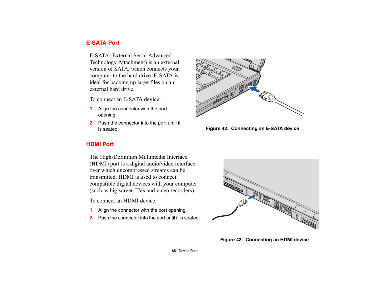 E-sata port, Hdmi port, E-sata port hdmi port | Fujitsu Siemens Computers LifeBook A6210 User Manual | Page 85 / 184