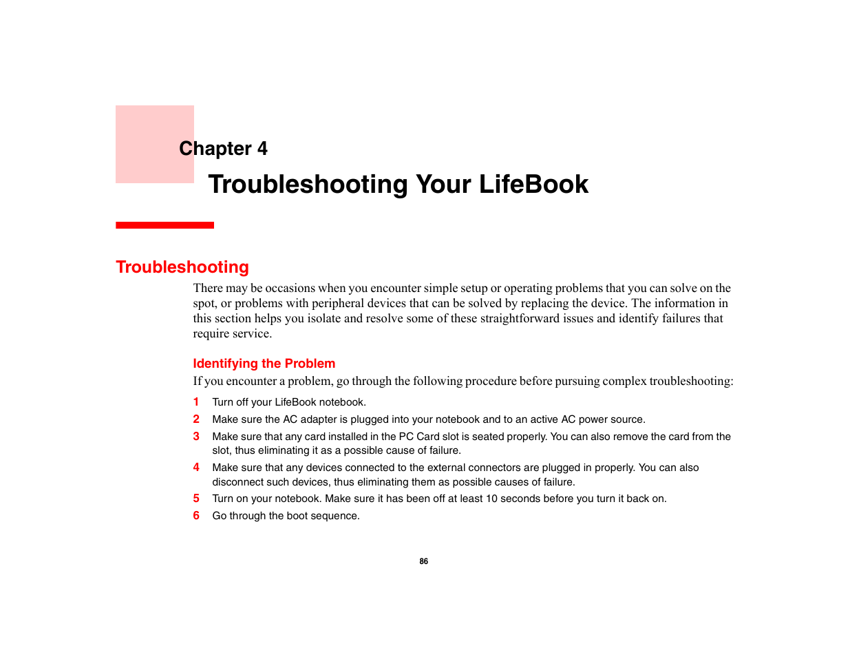 Troubleshooting your lifebook, Troubleshooting, Identifying the problem | Chapter 4 | Fujitsu Siemens Computers LifeBook A6210 User Manual | Page 86 / 184