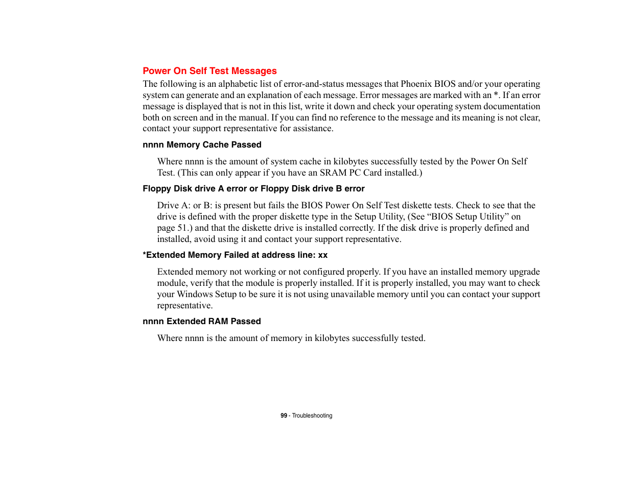 Power on self test messages | Fujitsu Siemens Computers LifeBook A6210 User Manual | Page 99 / 184