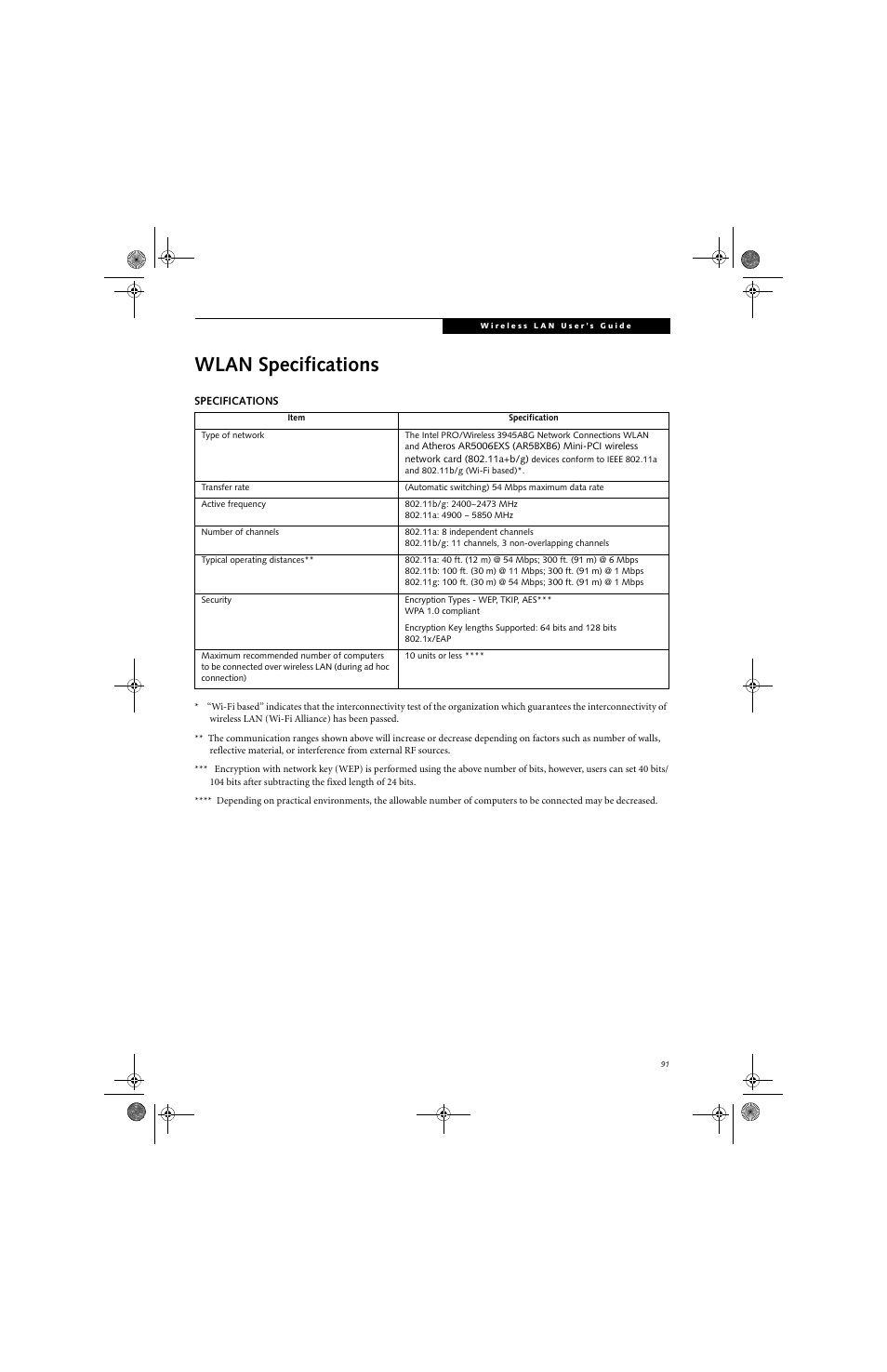 Wlan specifications | Fujitsu Siemens Computers LifeBook A6025 User Manual | Page 101 / 120