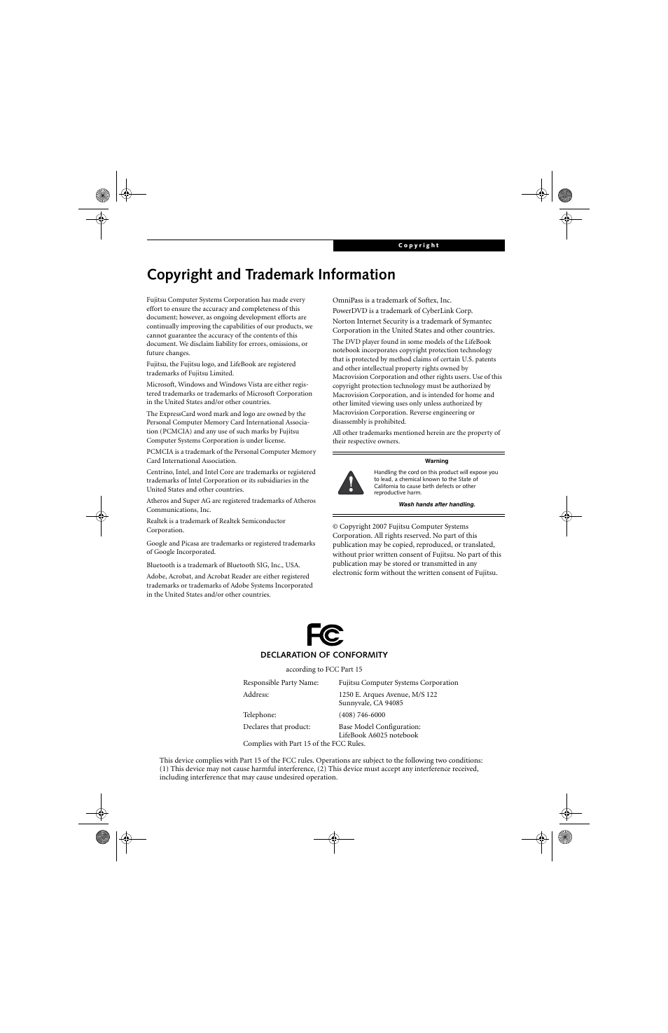 Copyright and trademark information | Fujitsu Siemens Computers LifeBook A6025 User Manual | Page 3 / 120