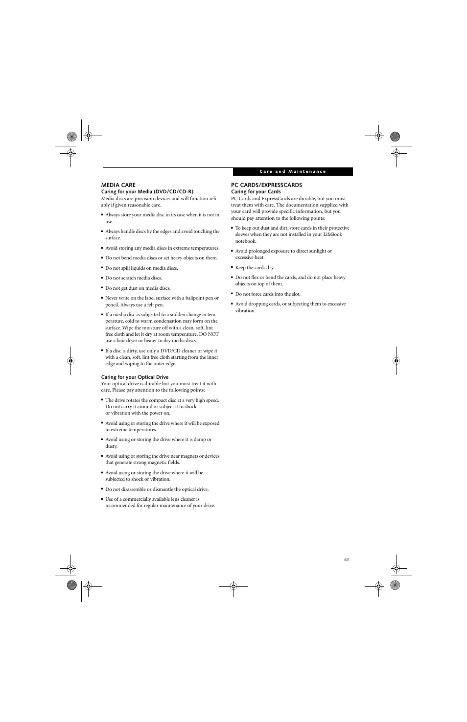 Media care, Pc cards/expresscards | Fujitsu Siemens Computers LifeBook A6025 User Manual | Page 73 / 120