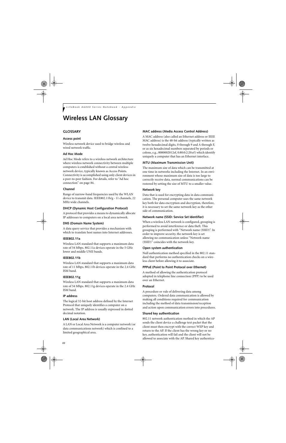 Wireless lan glossary | Fujitsu Siemens Computers LifeBook A6025 User Manual | Page 98 / 120