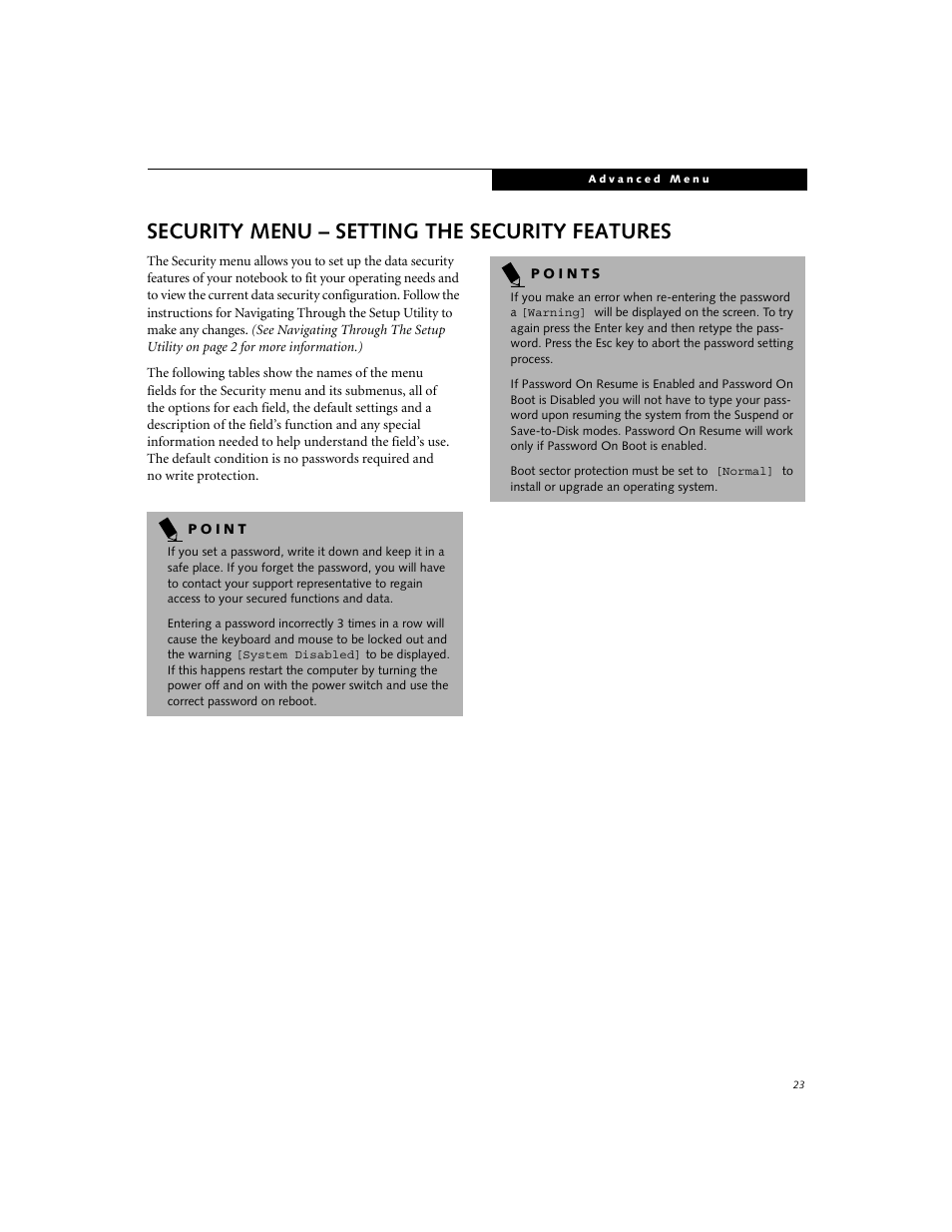 Security menu – setting the security features | Fujitsu Siemens Computers C-7631 User Manual | Page 23 / 36