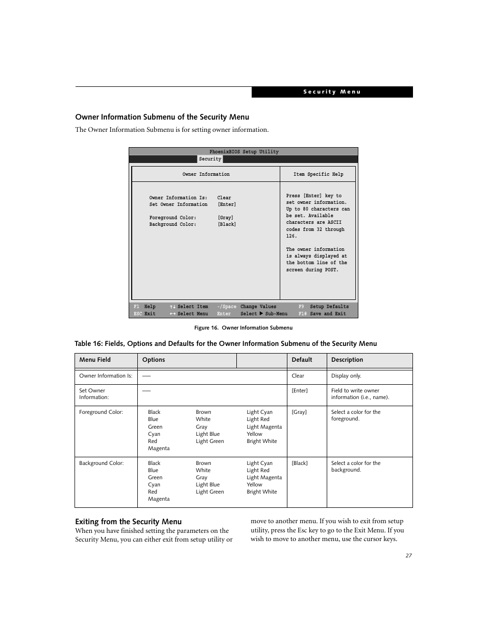 Owner information submenu of the security menu, Exiting from the security menu | Fujitsu Siemens Computers C-7631 User Manual | Page 27 / 36
