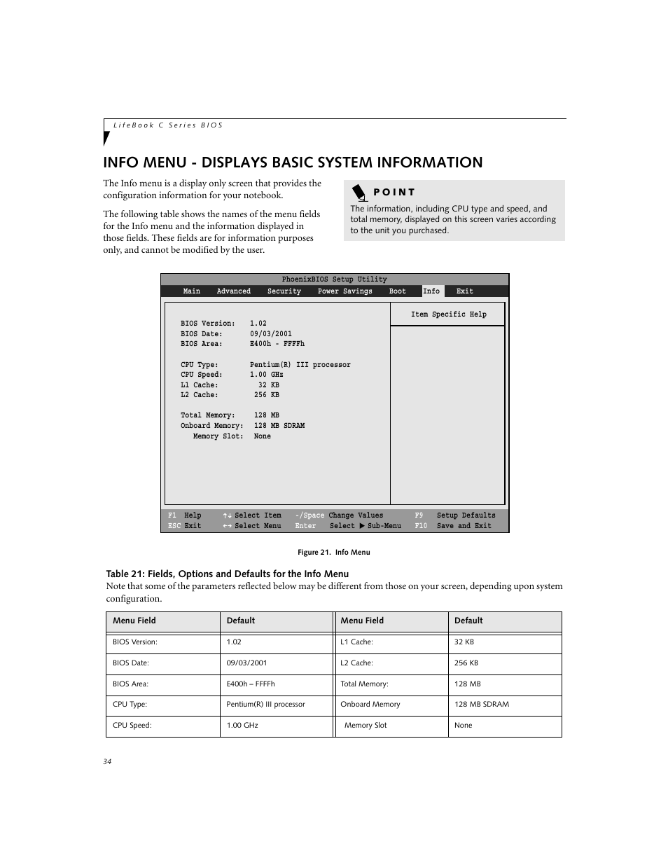 Info menu - displays basic system information | Fujitsu Siemens Computers C-7631 User Manual | Page 34 / 36