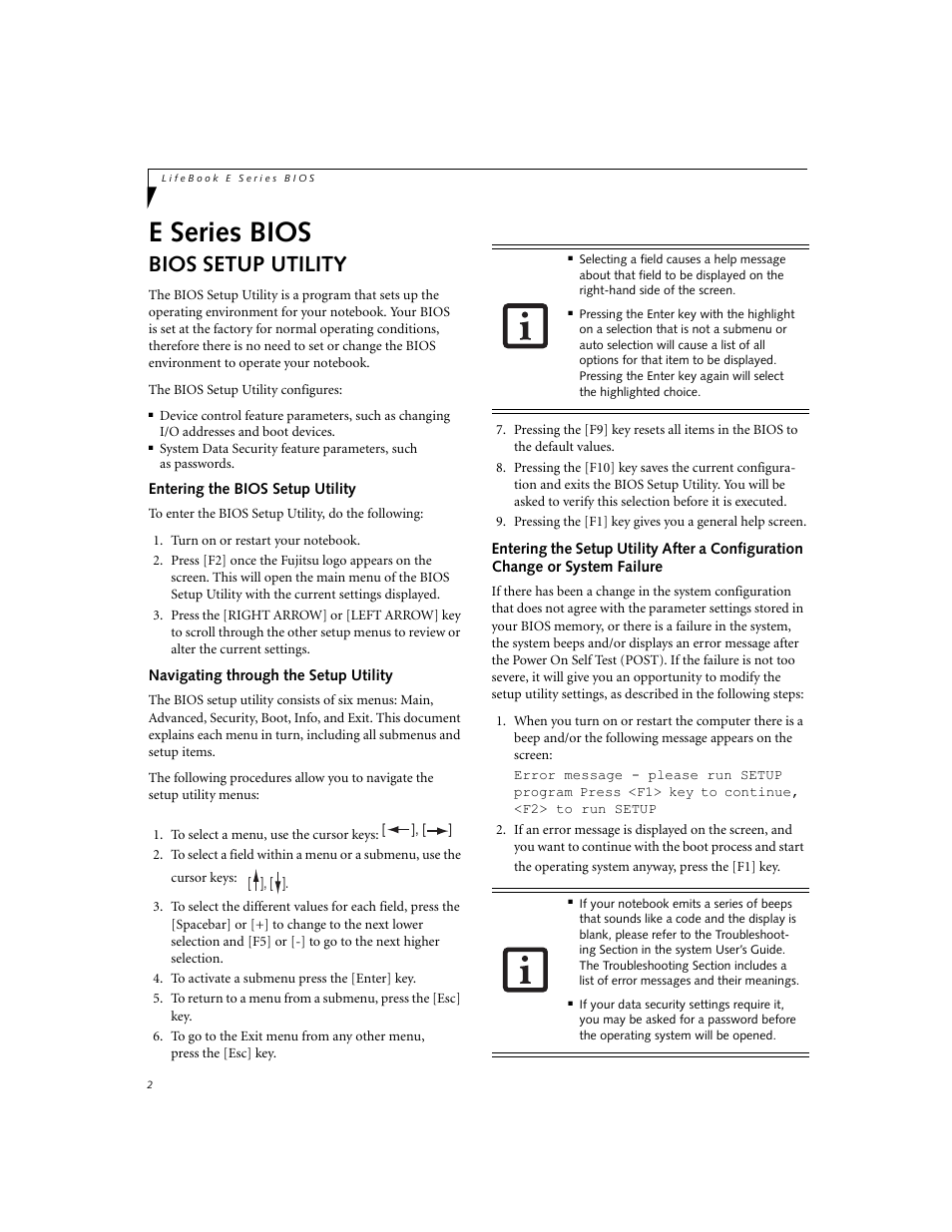 E series bios, Bios setup utility, Entering the bios setup utility | Navigating through the setup utility | Fujitsu Siemens Computers E8210 User Manual | Page 2 / 29