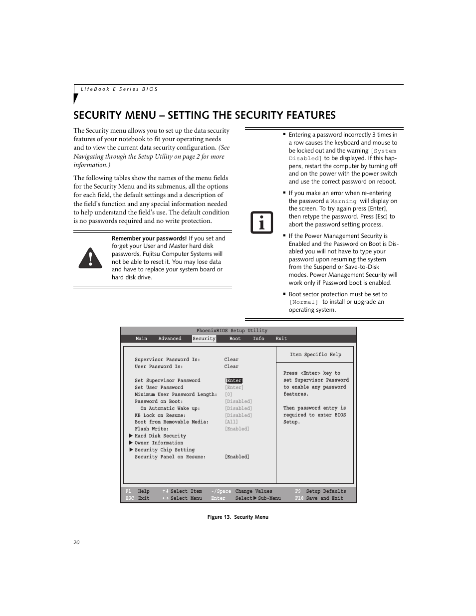 Security menu - setting the security features, Security menu – setting the security features | Fujitsu Siemens Computers E8210 User Manual | Page 20 / 29