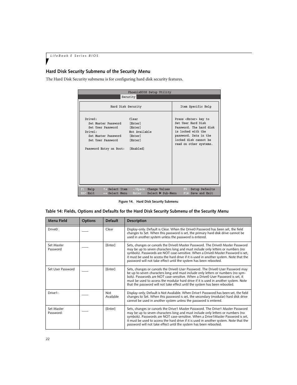Hard disk security submenu of the security menu | Fujitsu Siemens Computers E8210 User Manual | Page 22 / 29