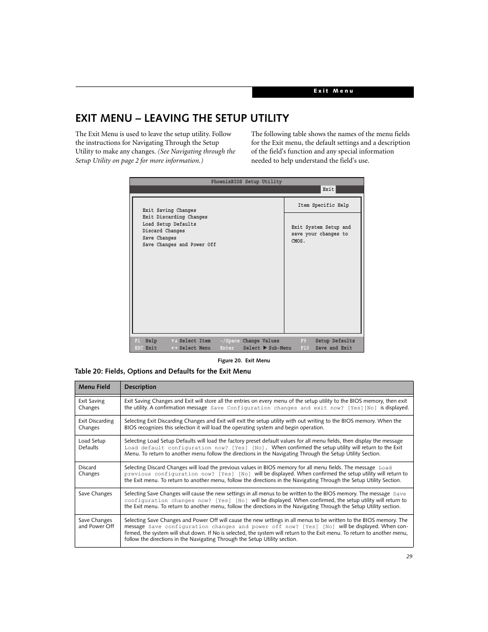 Exit menu - leaving the setup utility, Exit menu – leaving the setup utility | Fujitsu Siemens Computers E8210 User Manual | Page 29 / 29