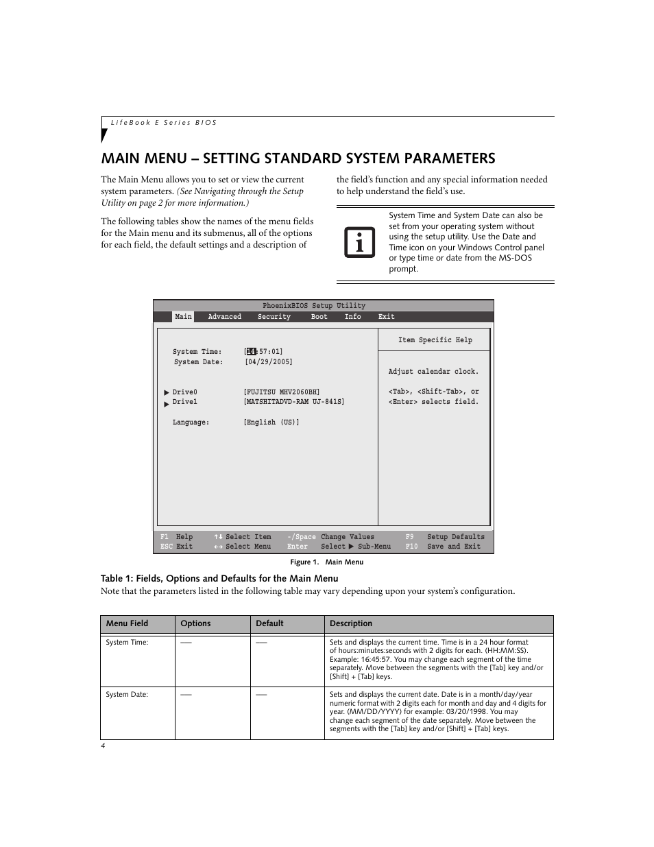 Main menu - setting standard system parameters, Main menu – setting standard system parameters | Fujitsu Siemens Computers E8210 User Manual | Page 4 / 29