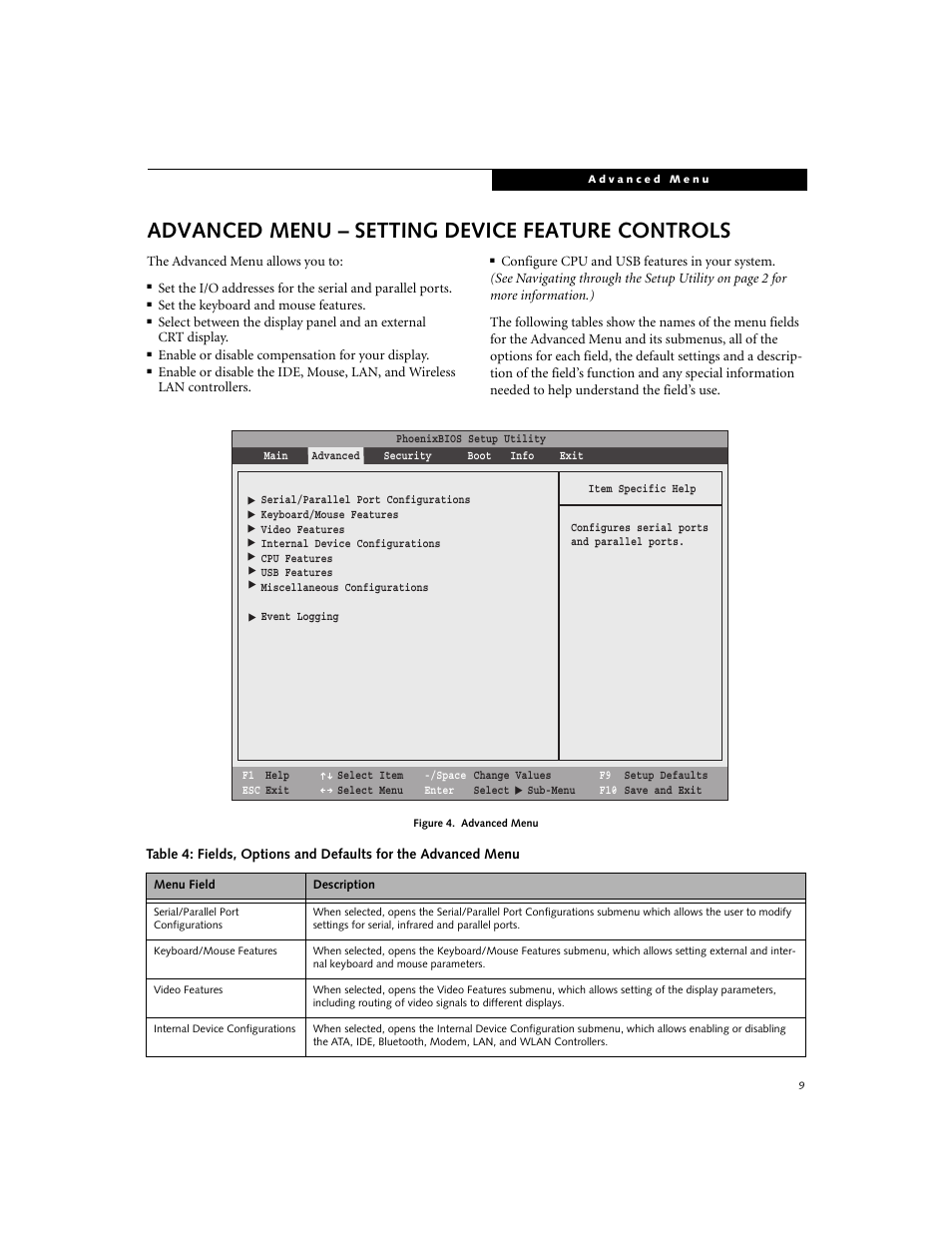 Advanced menu - setting device feature controls, Advanced menu – setting device feature controls | Fujitsu Siemens Computers E8210 User Manual | Page 9 / 29