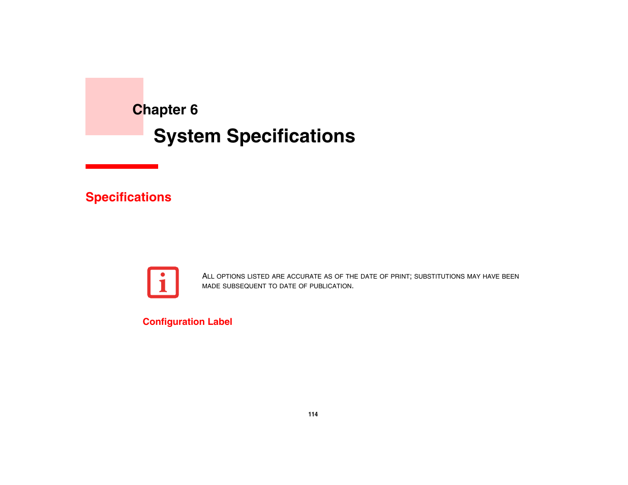 System specifications, Specifications, Configuration label | Chapter 6 | Fujitsu Siemens Computers N6470 User Manual | Page 119 / 185