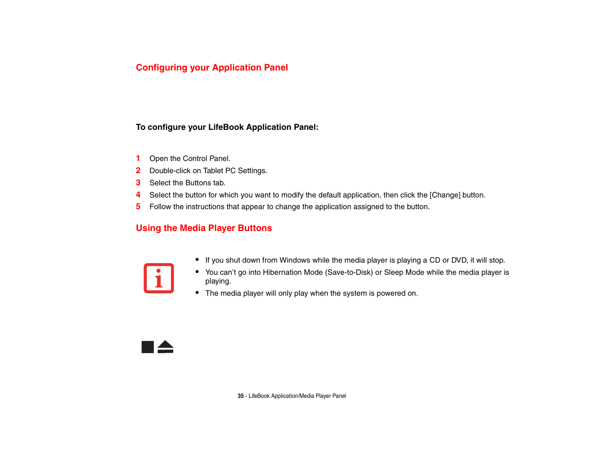 Configuring your application panel, Using the media player buttons | Fujitsu Siemens Computers N6470 User Manual | Page 40 / 185