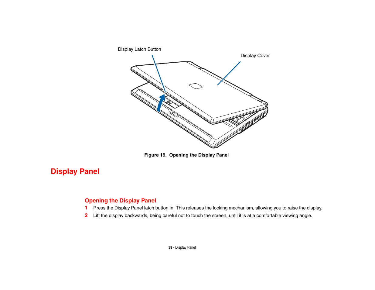 Display panel, Opening the display panel | Fujitsu Siemens Computers N6470 User Manual | Page 44 / 185