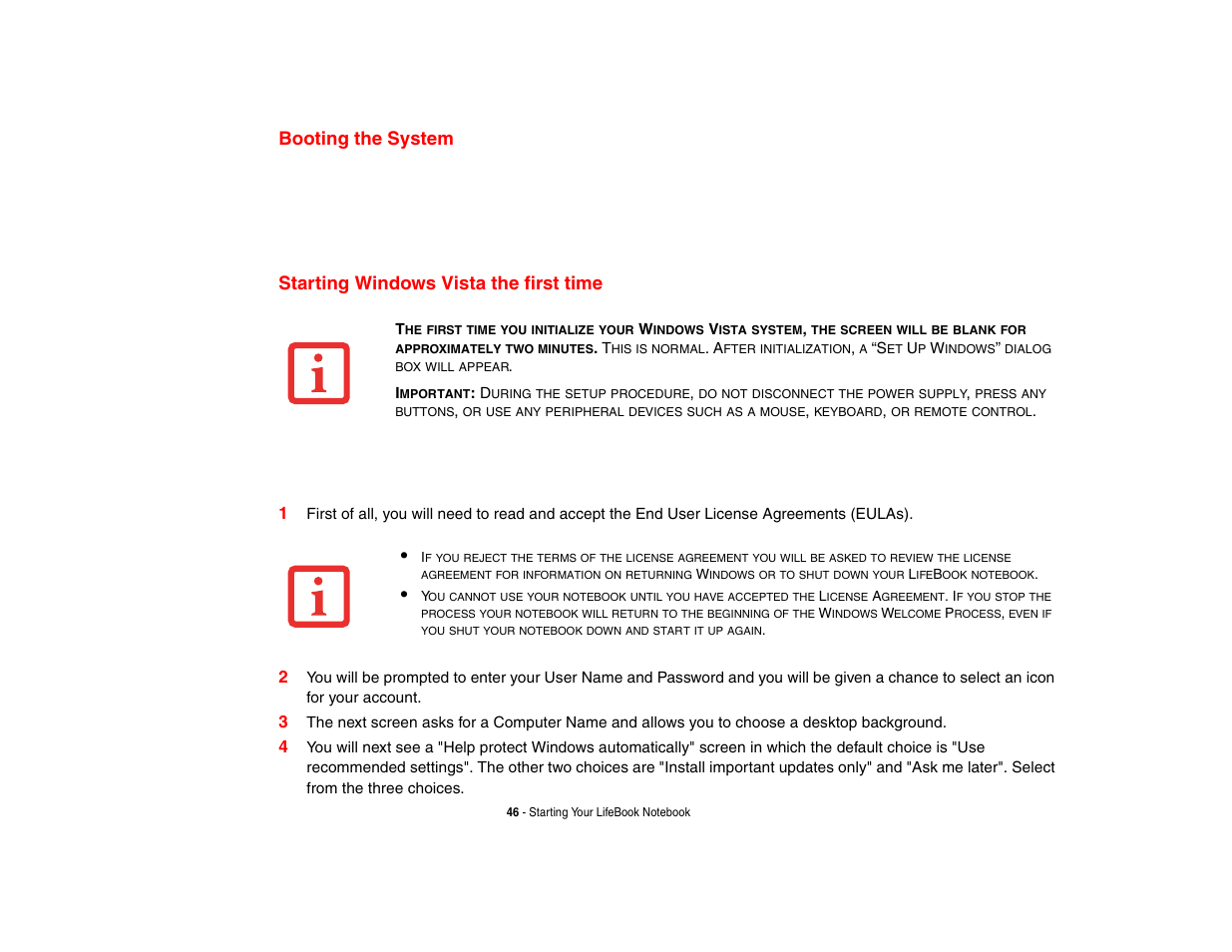 Booting the system, Starting windows vista the first time | Fujitsu Siemens Computers N6470 User Manual | Page 51 / 185