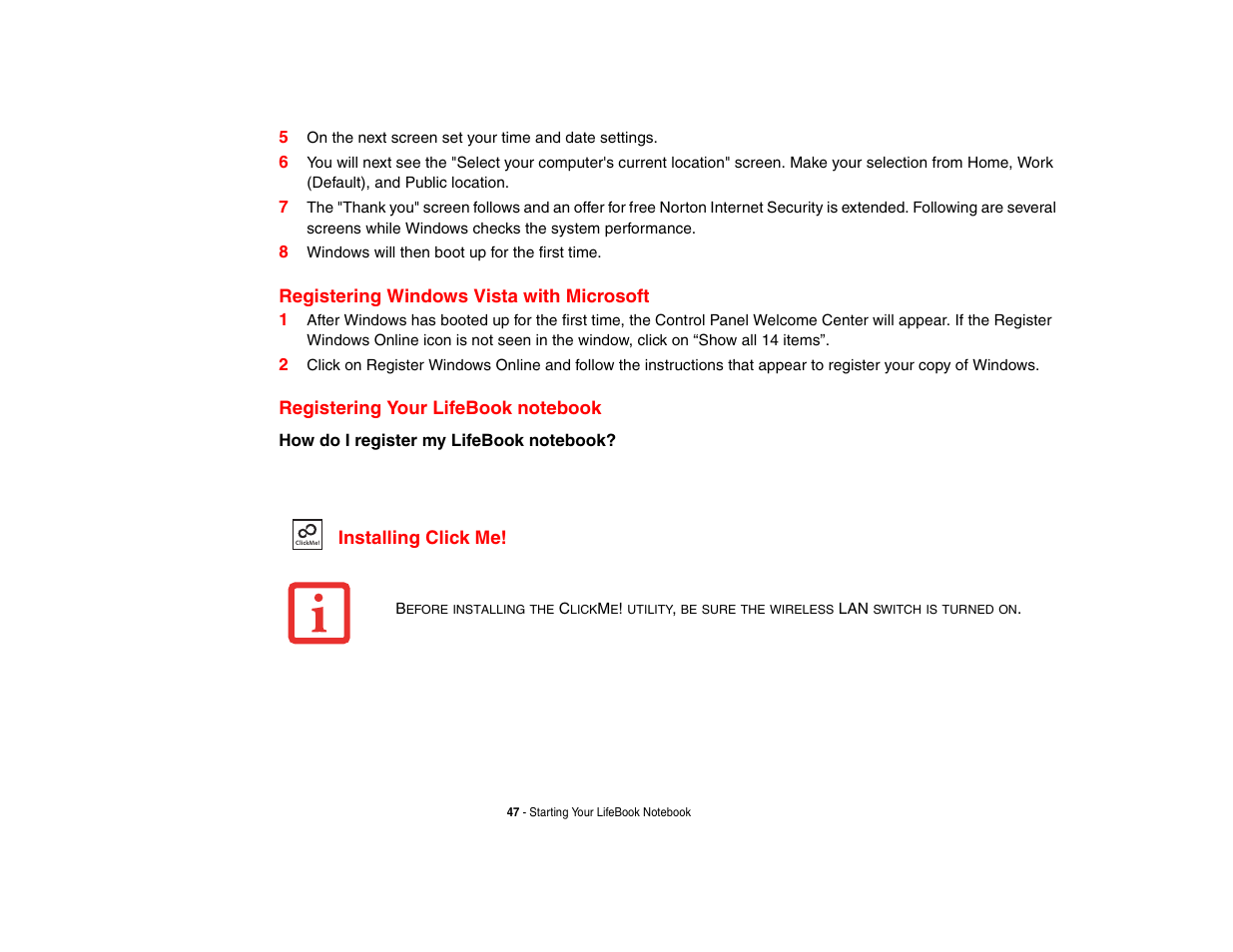 Registering windows vista with microsoft, Registering your lifebook notebook, Installing click me | Fujitsu Siemens Computers N6470 User Manual | Page 52 / 185