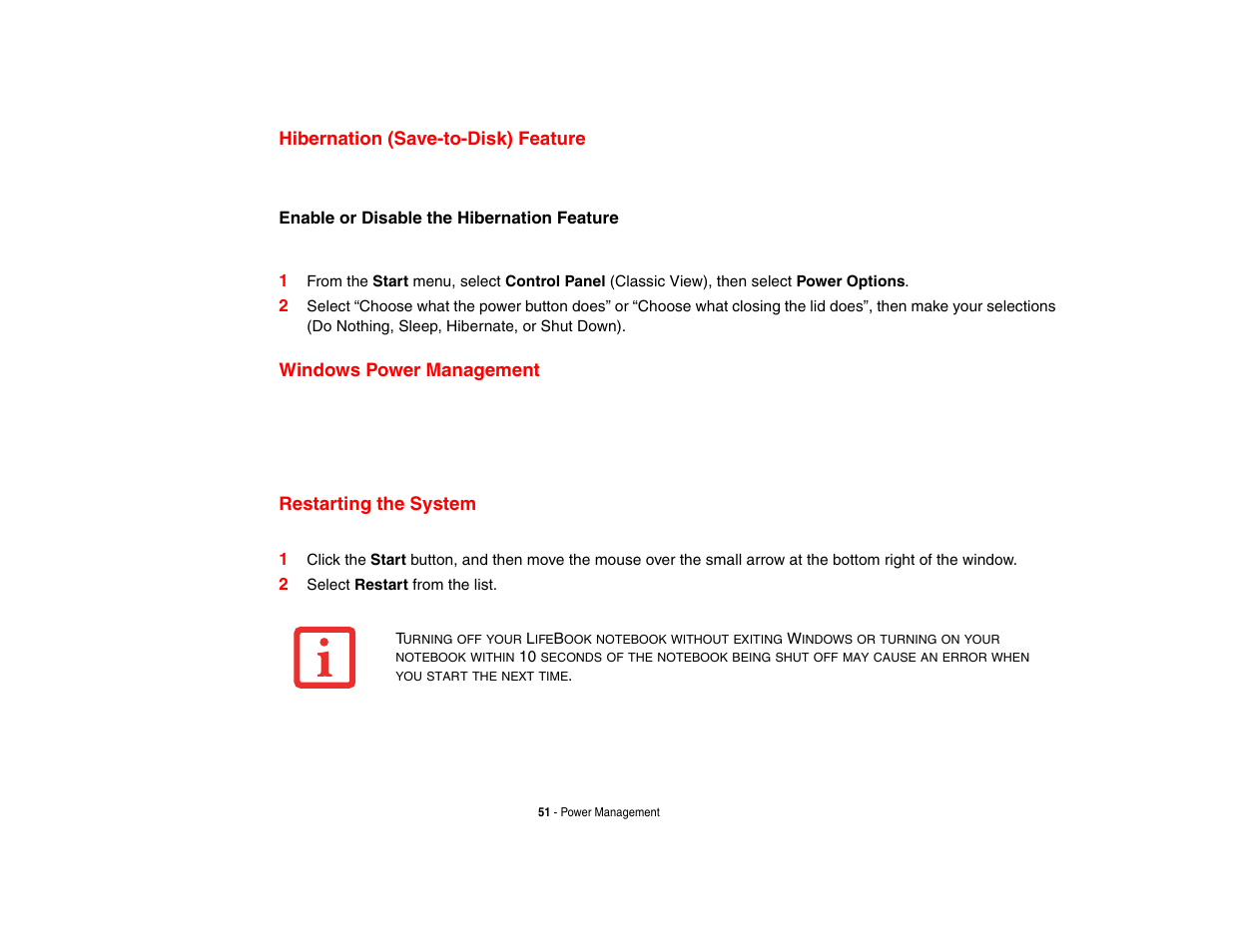 Hibernation (save-to-disk) feature, Windows power management, Restarting the system | Fujitsu Siemens Computers N6470 User Manual | Page 56 / 185