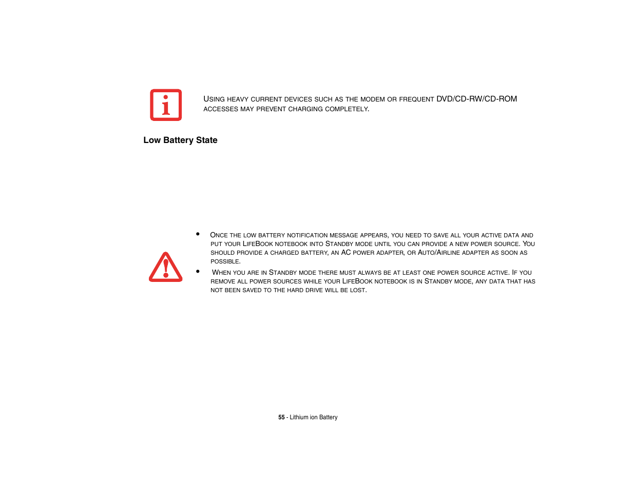 Low battery state | Fujitsu Siemens Computers N6470 User Manual | Page 60 / 185