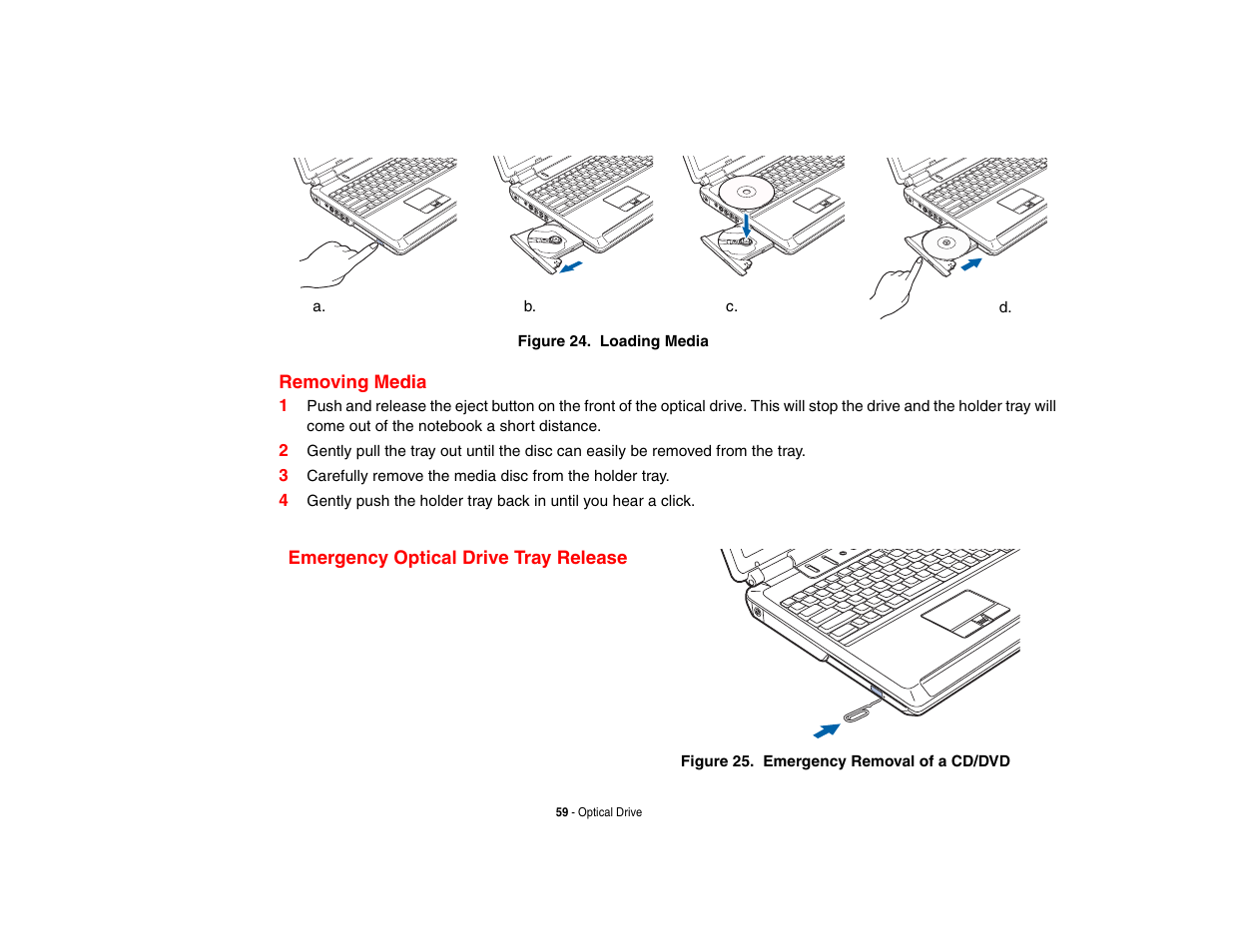 Removing media, Emergency optical drive tray release | Fujitsu Siemens Computers N6470 User Manual | Page 64 / 185